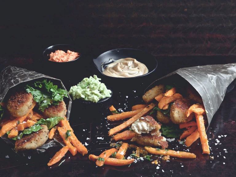 Two paper cones filled with Quorn Southern Fried Bites and sweet potato fries with three dips in the background.