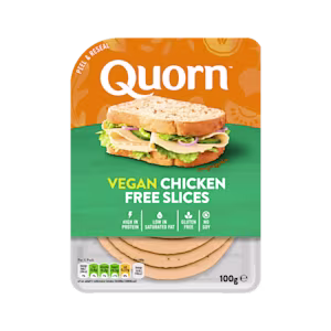 Quorn Vegan Chicken Free Slices product packaging with nutritional information