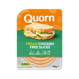 Quorn Vegan Chicken Free Slices product packaging with nutritional information