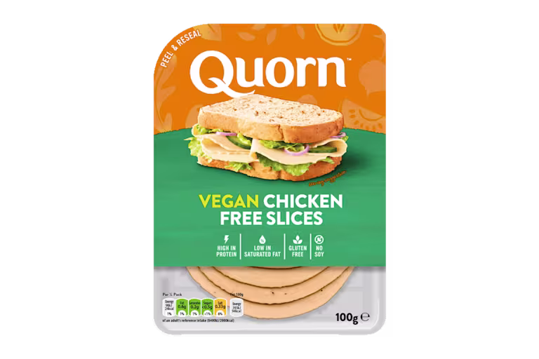 Quorn Vegan Chicken Free Slices product packaging with nutritional information
