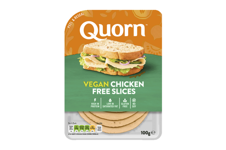 Quorn Vegan Chicken Free Slices product packaging with nutritional information