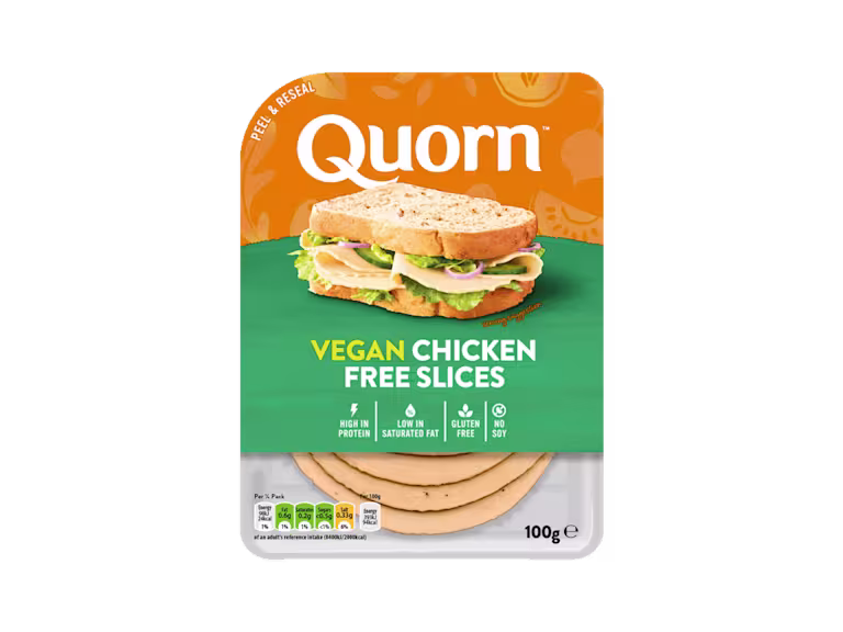 Quorn Vegan Chicken Free Slices product packaging with nutritional information