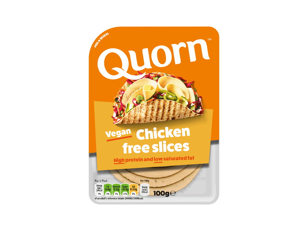 Quorn Vegan Chicken Free Slices product packaging with nutritional information