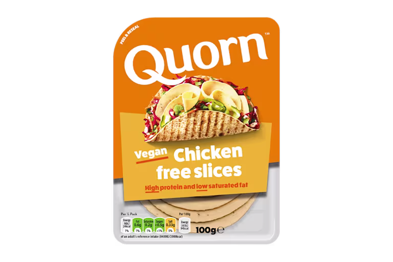 Quorn Vegan Chicken Free Slices product packaging with nutritional information