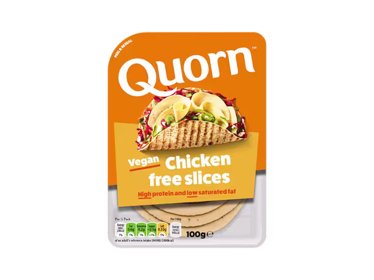 Quorn Vegan Chicken Free Slices product packaging with nutritional information