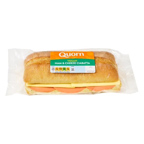 Quorn Vegan Ham And Cheeze Ciabatta in clear packaging with the product visible.