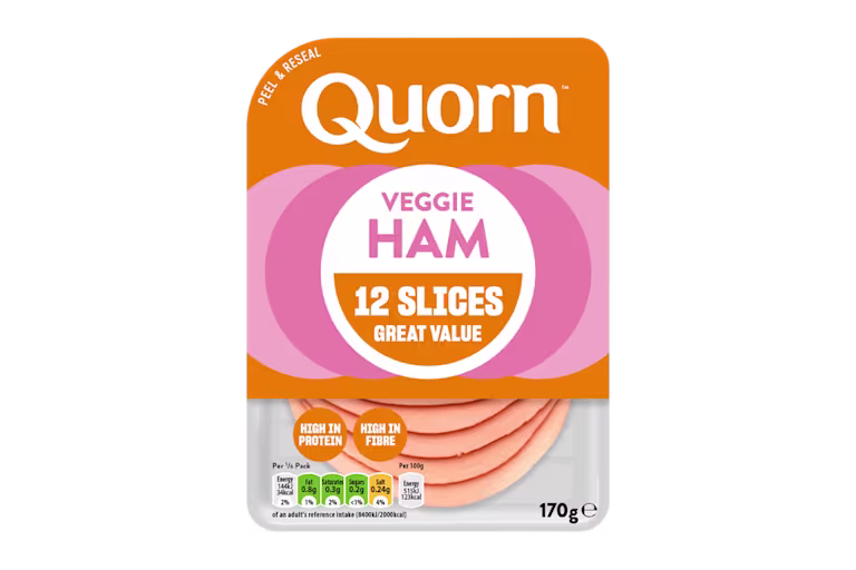 Meat free Quorn Vegetarian Ham Slices product packaging with nutritional information