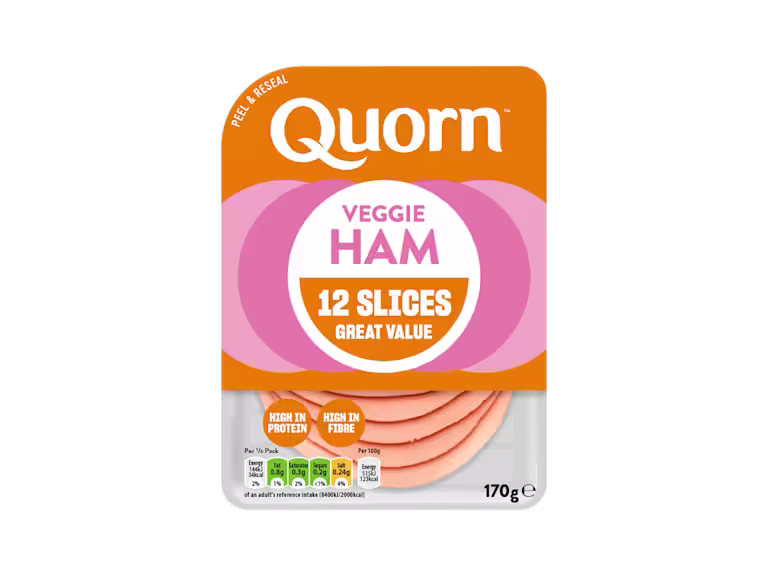 Meat free Quorn Vegetarian Ham Slices product packaging with nutritional information