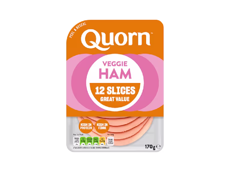 Meat free Quorn Vegetarian Ham Slices product packaging with nutritional information