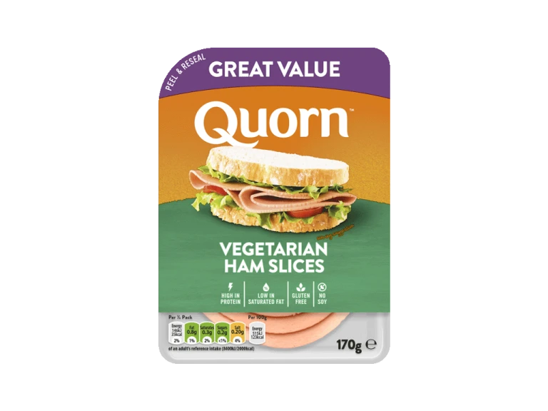 Meat free Quorn Vegetarian Ham Slices product packaging with nutritional information