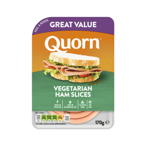 Meat free Quorn Vegetarian Ham Slices product packaging with nutritional information