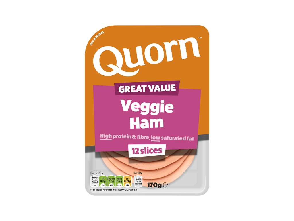 Meat free Quorn Vegetarian Ham Slices product packaging with nutritional information