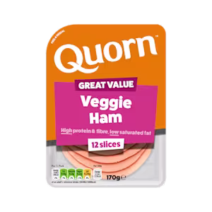 Meat free Quorn Vegetarian Ham Slices product packaging with nutritional information