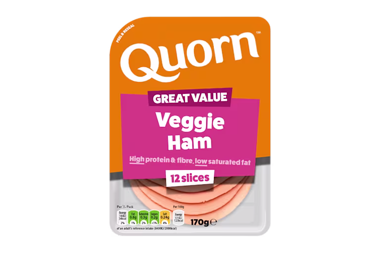 Meat free Quorn Vegetarian Ham Slices product packaging with nutritional information