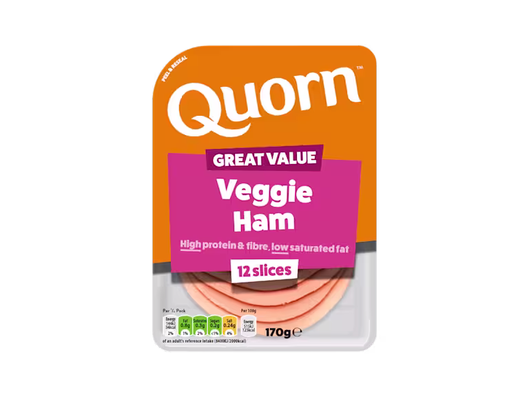 Meat free Quorn Vegetarian Ham Slices product packaging with nutritional information