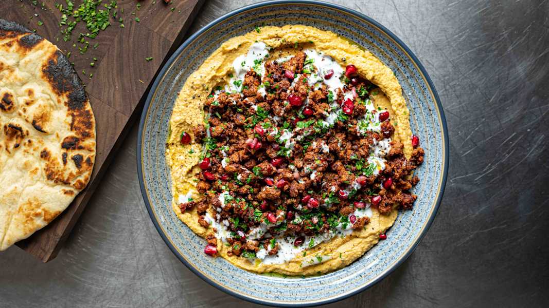 Vegetarian Harissa Squash Hummus Recipe With Meat-Free Quorn Mince