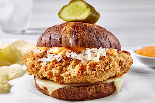 Quorn Homestyle ChiQin Cutlet with bun and gherkin