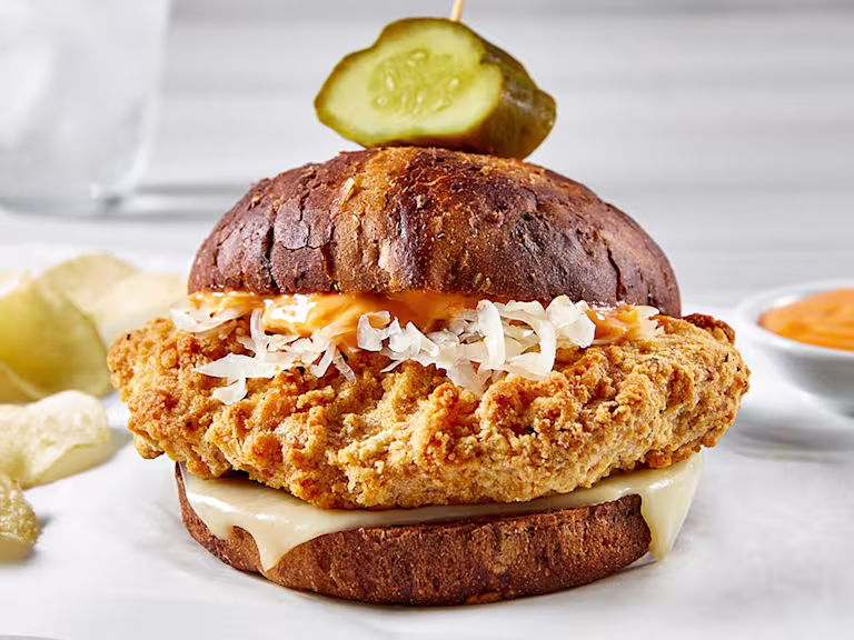 Quorn Homestyle ChiQin Cutlet with bun and gherkin