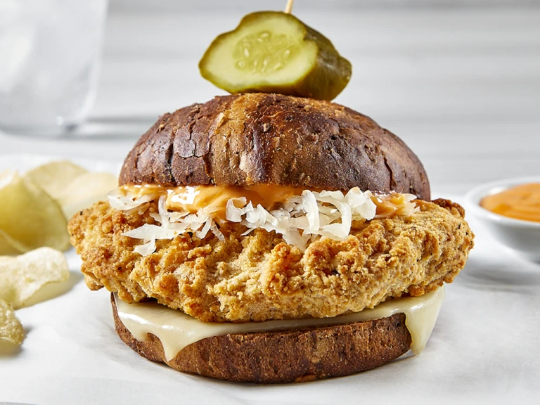 Quorn Homestyle ChiQin Cutlet with bun and gherkin 