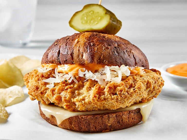 Quorn Homestyle ChiQin Cutlet with bun and gherkin