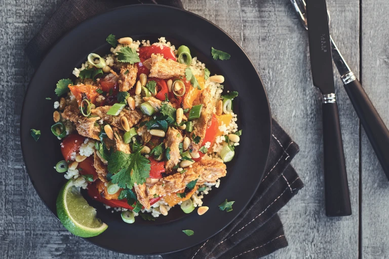warm & spicy couscous salad with quorn vegan fillets recipe
