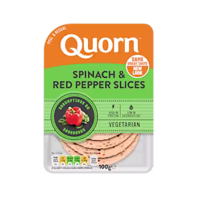 Meat free Quorn Spinach and Red Pepper Slices product packaging with nutritional information