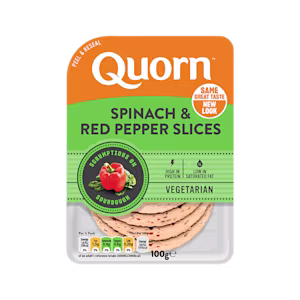 Meat free Quorn Spinach and Red Pepper Slices product packaging with nutritional information