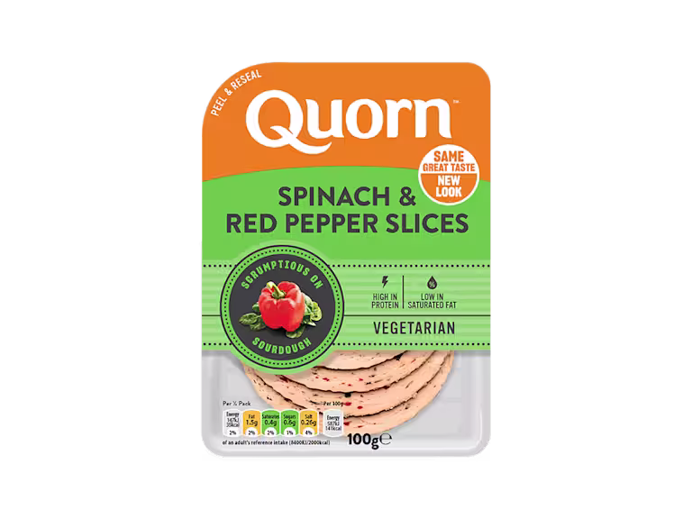 Meat free Quorn Spinach and Red Pepper Slices product packaging with nutritional information