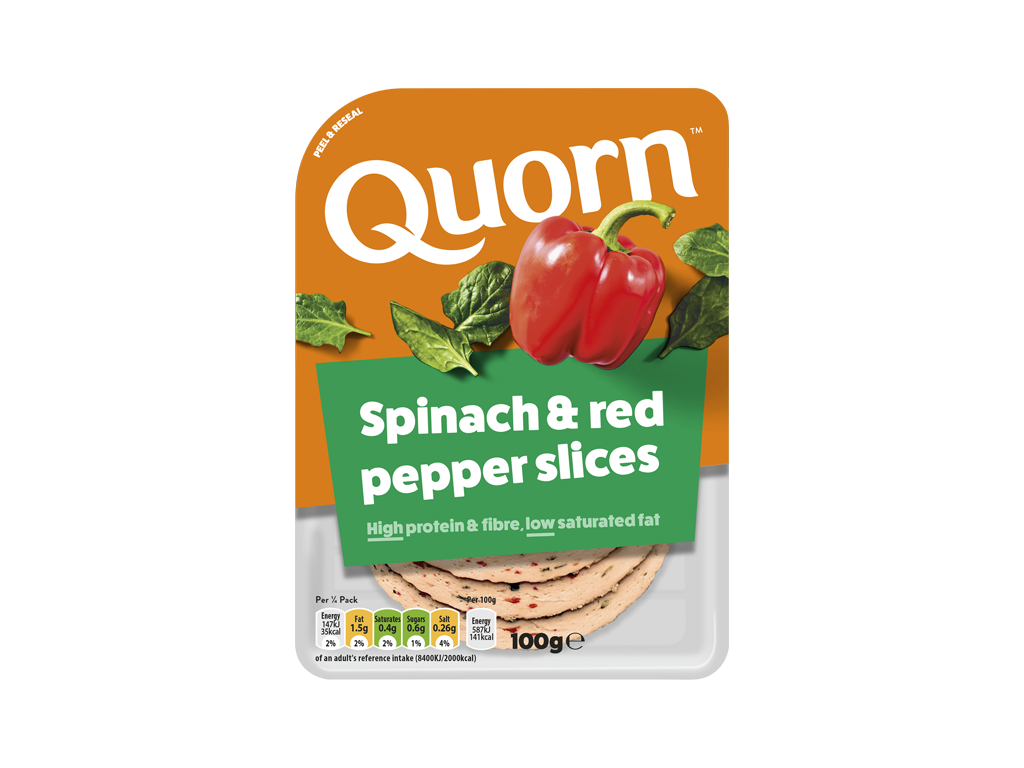 Meat free Quorn Spinach and Red Pepper Slices product packaging with nutritional information