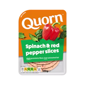 Meat free Quorn Spinach and Red Pepper Slices product packaging with nutritional information