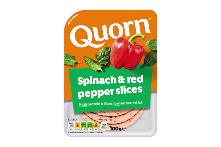 Meat free Quorn Spinach and Red Pepper Slices product packaging with nutritional information