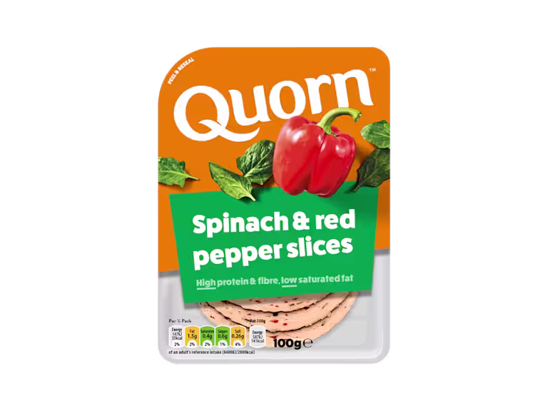 Meat free Quorn Spinach and Red Pepper Slices product packaging with nutritional information