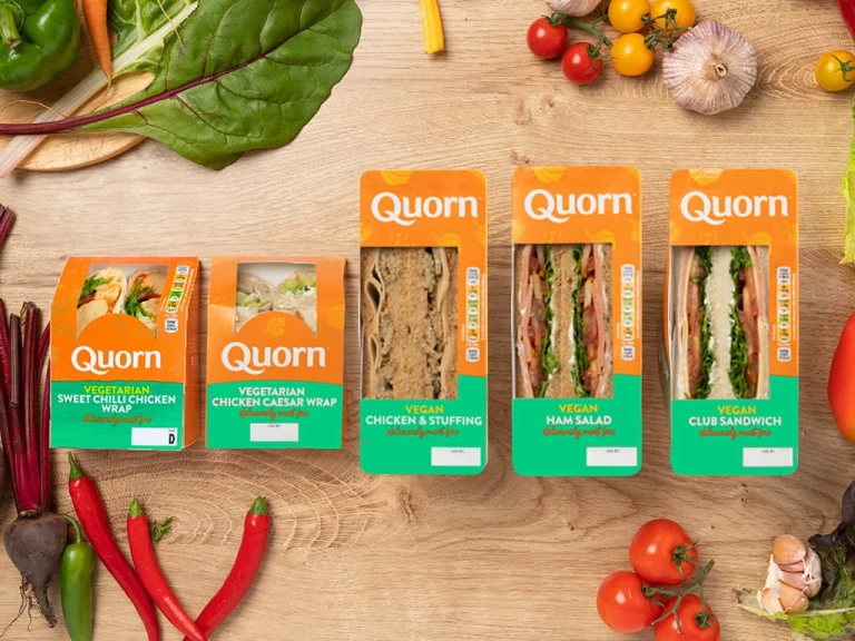 Vegetarian and meat free Quorn sandwiches and wraps in product packaging lined up in a row