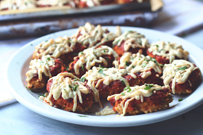 Quorn Vegan Meatless Buffalo Dippers topped with marinara sauce and vegan mozzarella.