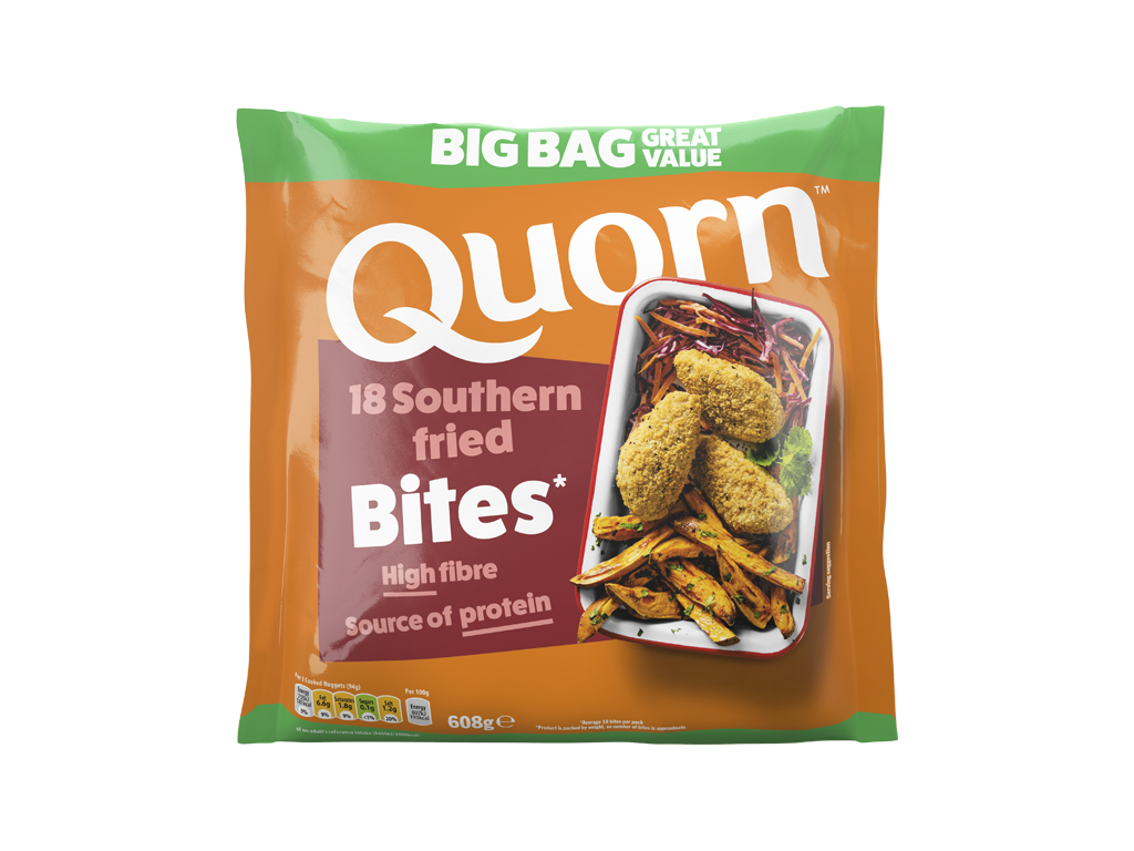 A bag of Quorn Southern Fried Bites showing the prepared product and information on an orange and charcoal background.