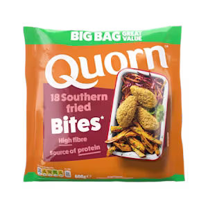 A bag of Quorn Southern Fried Bites showing the prepared product and information on an orange and charcoal background.