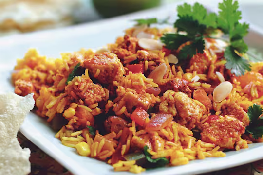 A plate of Vegetarian Biriyani showcasing the Quorn Vegetarian Fillet Pieces