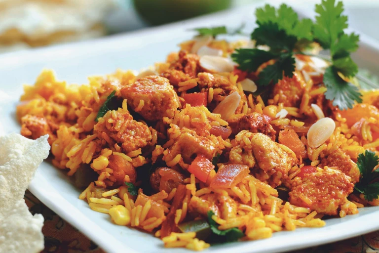 A plate of Vegetarian Biriyani showcasing the Quorn Vegetarian Fillet Pieces