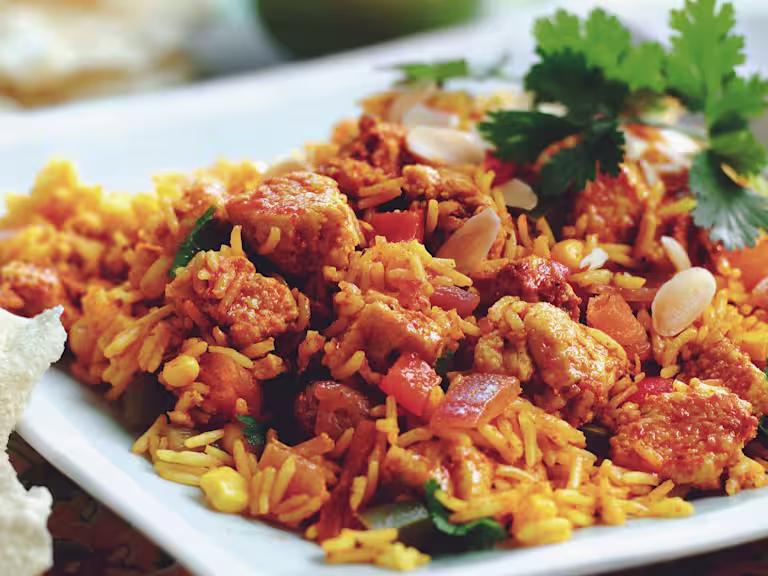 A plate of Vegetarian Biriyani showcasing the Quorn Vegetarian Fillet Pieces