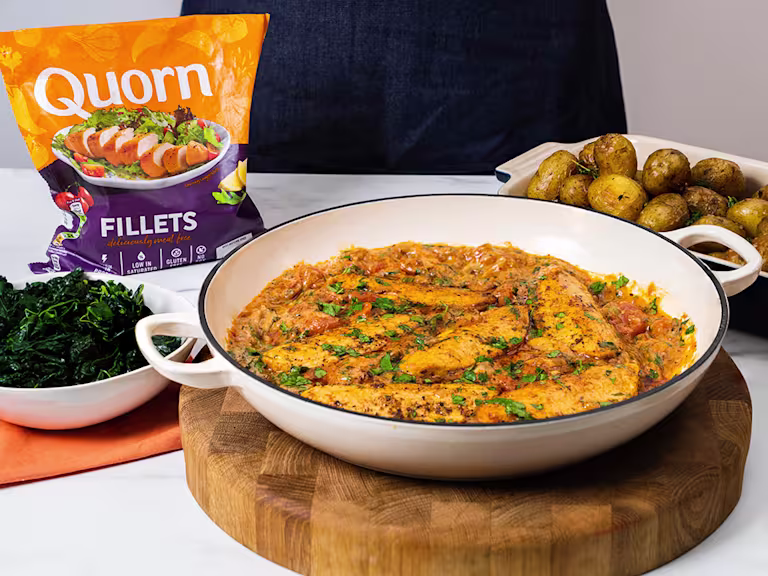 Cream Quorn Vegetarian Fillet Bake served in a white dish.