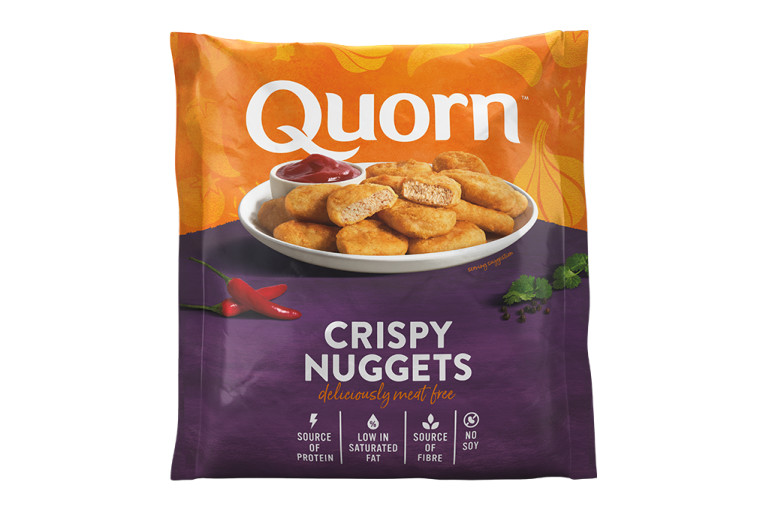 A bag of Quorn Crispy Nuggets showing the prepared product and information on an orange and green background.