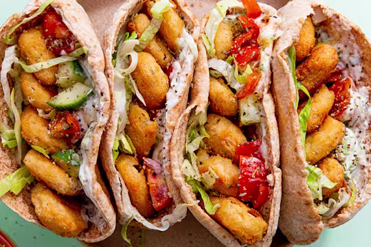 Quorn Crispy Nuggets with Salad and Tzatziki inspired yoghurt in 4 Wholemeal Pittas