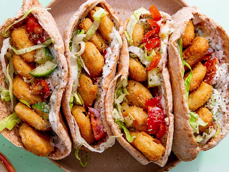 Quorn Crispy Nuggets with Salad and Tzatziki inspired yoghurt in 4 Wholemeal Pittas