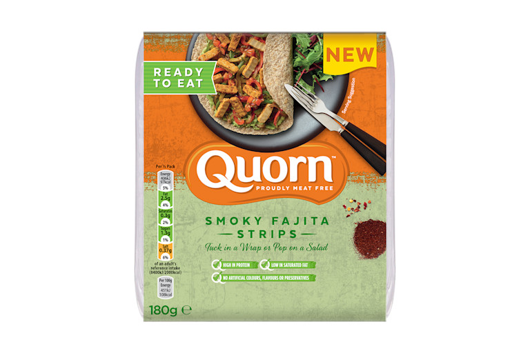 A packet of Quorn Smoky Fajita Strips showing the prepared product and information on an orange and green background.