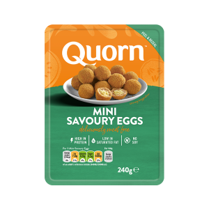 Quorn meat free Mini Savoury Eggs product packaging with nutritional information.