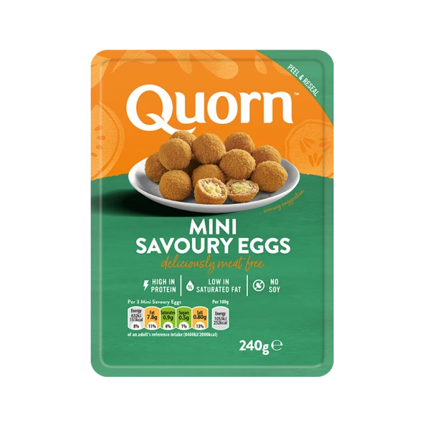 Quorn meat free Mini Savoury Eggs product packaging with nutritional information.
