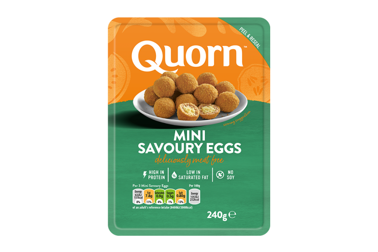 Quorn meat free Mini Savoury Eggs product packaging with nutritional information.
