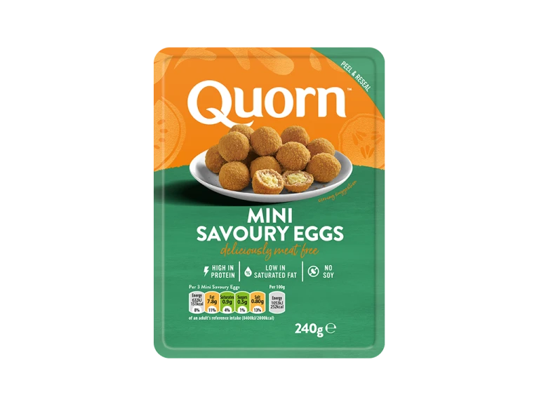 Quorn meat free Mini Savoury Eggs product packaging with nutritional information.