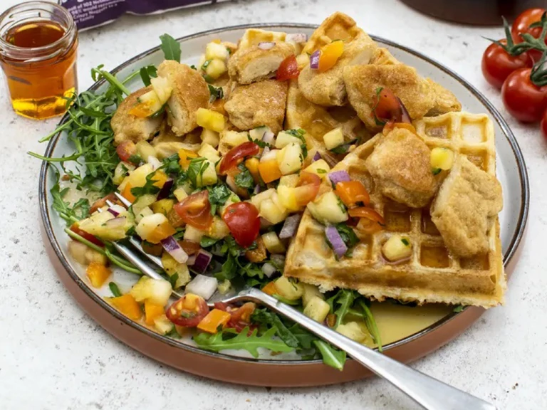 Quorn Crispy Nuggets "Chicken" Vegetarian Waffles served alongside pineapple salsa with Quorn Crispy Nuggets packaging displayed.