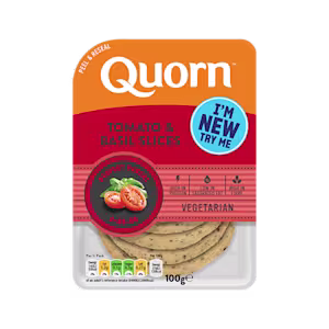 Orange Quorn Tomato & Basil Slices peel and reseal packaging, with a blue new product label and serving suggestion of panini, tomato and basil.